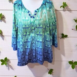 Ruby Rd. Teal and Navy Patterned Blouse